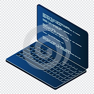 Isometric Laptop. 3d isometric laptop computer. Abstract programming language and program code on a laptop screen. Vector