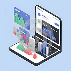Isometric laptop displaying abstract data visualizations and charts computer analytics
