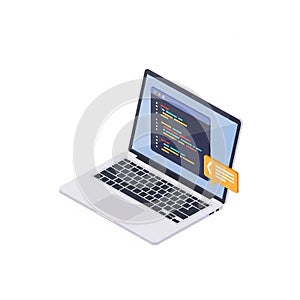 Isometric laptop displaying code on screen with coding icon