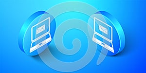 Isometric Laptop with envelope and open email on screen icon isolated on blue background. Email marketing, internet