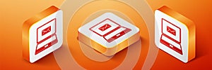 Isometric Laptop with envelope and open email on screen icon isolated on orange background. Email marketing, internet