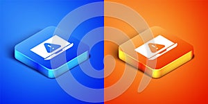 Isometric Laptop with exclamation mark icon isolated on blue and orange background. Alert message smartphone