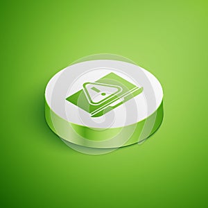 Isometric Laptop with exclamation mark icon isolated on green background. Alert message smartphone notification. White