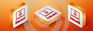 Isometric Laptop and free wi-fi wireless connection icon isolated on orange background. Wireless technology, wi-fi