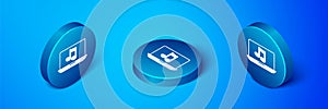 Isometric Laptop with music note symbol on screen icon isolated on blue background. Blue circle button. Vector