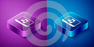 Isometric Laptop with music note symbol on screen icon isolated on blue and purple background. Square button. Vector