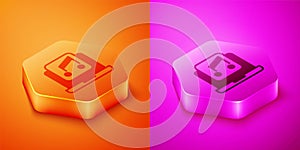 Isometric Laptop with music note symbol on screen icon isolated on orange and pink background. Hexagon button. Vector