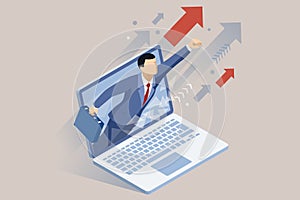 Isometric laptop-wielding man scales the career ladder, achieving his business plan goals, earning promotions, and