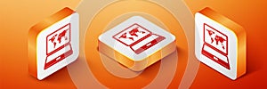 Isometric Laptop with world map on screen icon isolated on orange background. World map geography symbol. Orange square