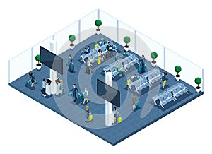 Isometric of a large airport hall, waiting room, a transaction zone, landlings waiting for landing on a plane with a god, business