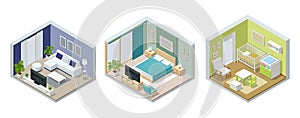 Isometric large luxury modern bright interiors living room, children`s room, bedroom. Modern interior of real home