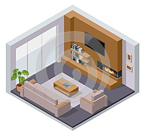 Isometric large luxury modern bright interiors room, fireplace and tv. Modern living room interior of real home isolated