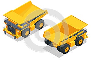 Isometric Large quarry dump truck. Heavy mining dumper isolated on white. Equipment for high-mining industry.