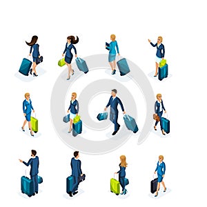 Isometric large Set of businessmen and business lady on a business trip, with luggage at the airport, front view and back view