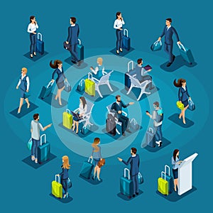 Isometric large set of passengers for illustrations, international airport, business ladies and businessmen