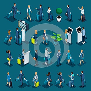 Isometric large set with passengers for illustrations, an international airport, business ladies and businessmen on business trip