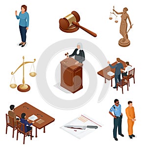 Isometric Law and Justice. Symbols of legal regulations. Juridical icons set. Legal juridical, tribunal and judgment