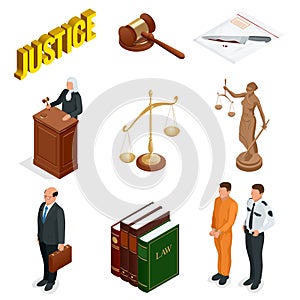 Isometric Law and Justice. Symbols of legal regulations. Juridical icons set. Legal juridical, tribunal and judgment photo
