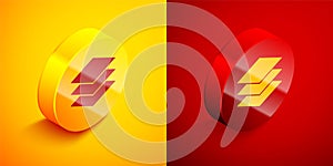 Isometric Layers clothing textile icon isolated on orange and red background. Element of fabric features. Circle button