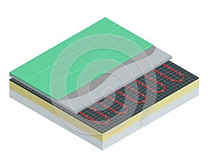 Isometric layers of floor heating system partly under ceramic tiles. Underfloor heating vector illustration.