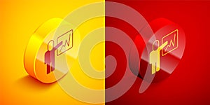Isometric Leader of a team of executives icon isolated on orange and red background. Circle button. Vector