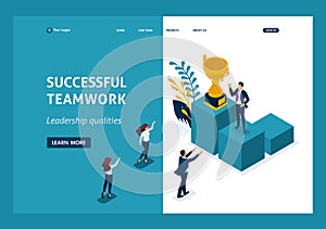 Isometric Leadership qualities. Employees rejoice in the success teamwork. Website Template Landing page