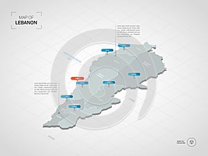 Isometric Lebanon map with city names and administrative divisions.