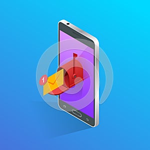 Isometric Letter and mailbox flying out of phone screen concept. Vector illustration. Mail Communication or Connection