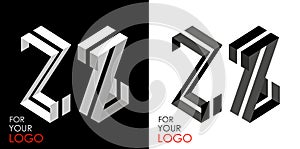 Isometric letter Z in two perspectives. From stripes, lines. Template for creating logos, emblems, monograms. Black and