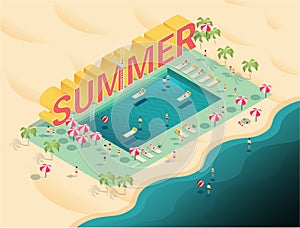 Isometric letters summer text with pool and ocean vector illustr