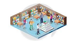 Isometric Library with Books People, Education Knowledge, vector design Generative AI