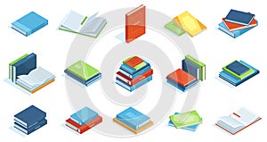 Isometric library books. School education textbooks, encyclopedia or scientific literature vector illustration set