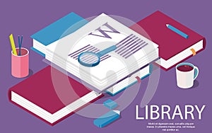 Isometric library creative concept for writing or blogging, school education,