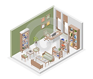 Isometric library interior. Reading club or bookstore. Room with bookshelves, chairs and desk. School or university