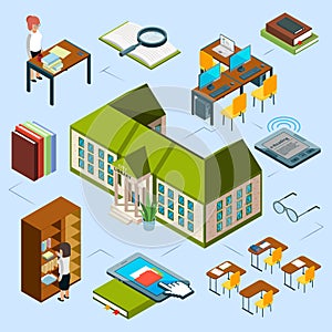 Isometric library vector concept. 3D public library building, computer area, e-reading books, librarians, bookshelf