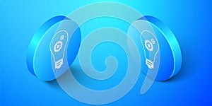 Isometric Light bulb and gear inside icon isolated on blue background. Innovation concept. Blue circle button. Vector