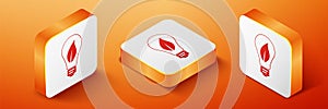 Isometric Light bulb with leaf icon isolated on orange background. Eco energy concept. Orange square button. Vector