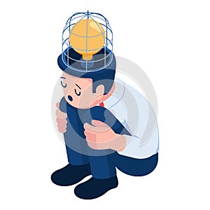 Isometric Light Bulb Stucking in Cage Inside Businessman Head