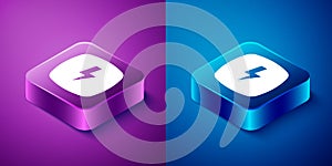 Isometric Lightning bolt icon isolated on blue and purple background. Flash sign. Charge flash icon. Thunder bolt