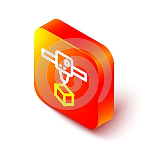 Isometric line 3D printer cube icon isolated on white background. 3d printing. Orange square button. Vector