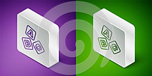 Isometric line ABC blocks icon isolated on purple and green background. Alphabet cubes with letters A,B,C. Silver square