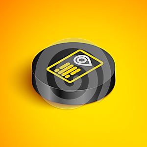 Isometric line Address book icon isolated on yellow background. Telephone directory. Black circle button. Vector