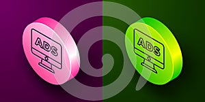 Isometric line Advertising icon isolated on purple and green background. Concept of marketing and promotion process