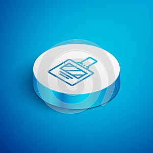 Isometric line Aftershave icon isolated on blue background. Cologne spray icon. Male perfume bottle. White circle button