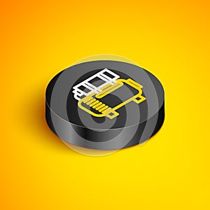 Isometric line Air compressor icon isolated on yellow background. Black circle button. Vector