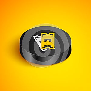 Isometric line Airline ticket icon isolated on yellow background. Plane ticket. Black circle button. Vector