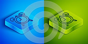 Isometric line Alarm clock icon isolated on blue and green background. Wake up, get up concept. Time sign. Square button