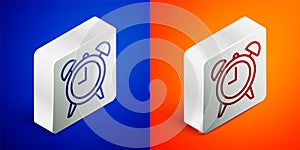 Isometric line Alarm clock icon isolated on blue and orange background. Wake up, get up concept. Time sign. Silver