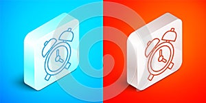 Isometric line Alarm clock icon isolated on blue and red background. Wake up, get up concept. Time sign. Silver square