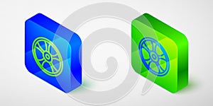 Isometric line Alloy wheel for car icon isolated on grey background. Blue and green square button. Vector